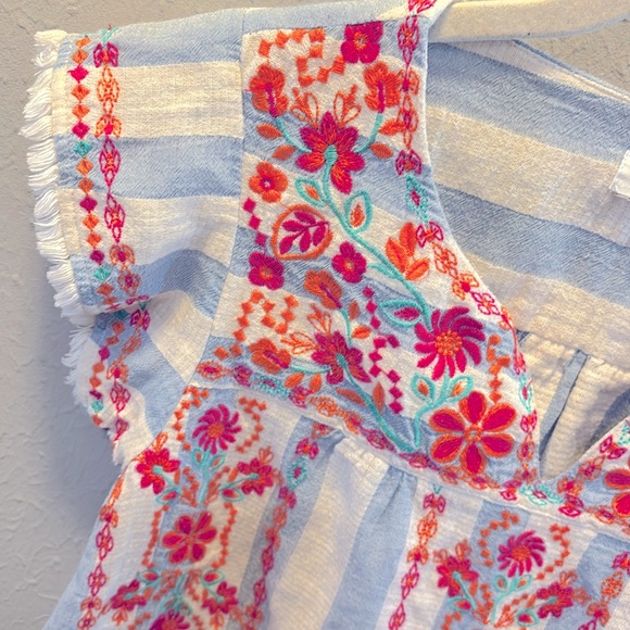 THML  Boho Embroidered Floral Top Blouse Blue Stripe Women’s Size XS - Picture 5 of 8
